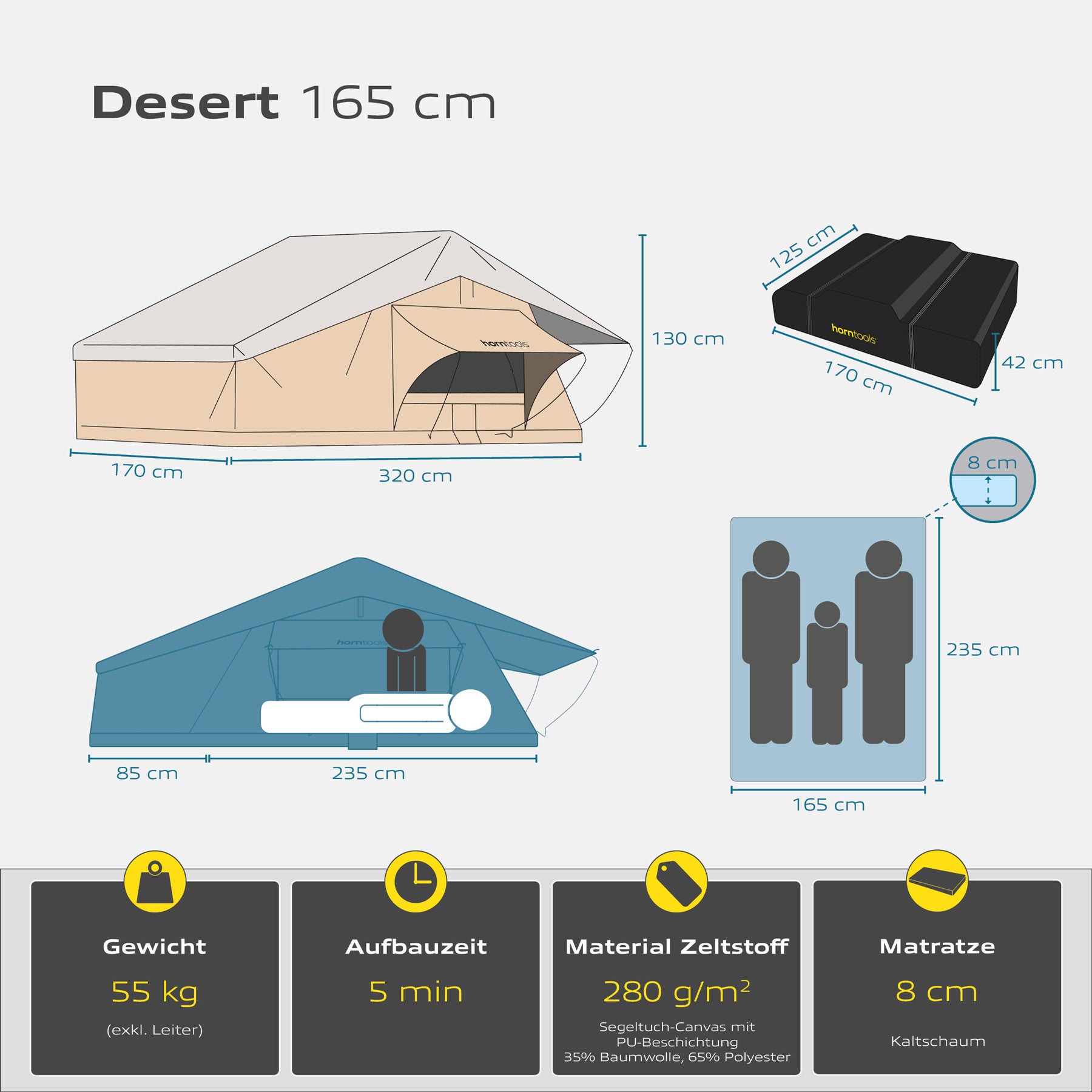 Dachzelt Desert für 3 Personen - 165 cm
