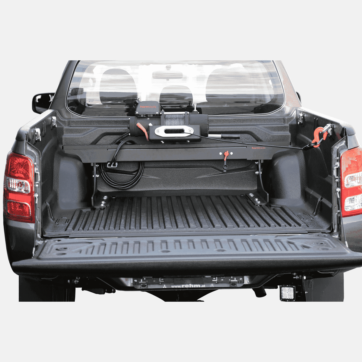 Rear winch carrier for pickups with winch and synthetic rope